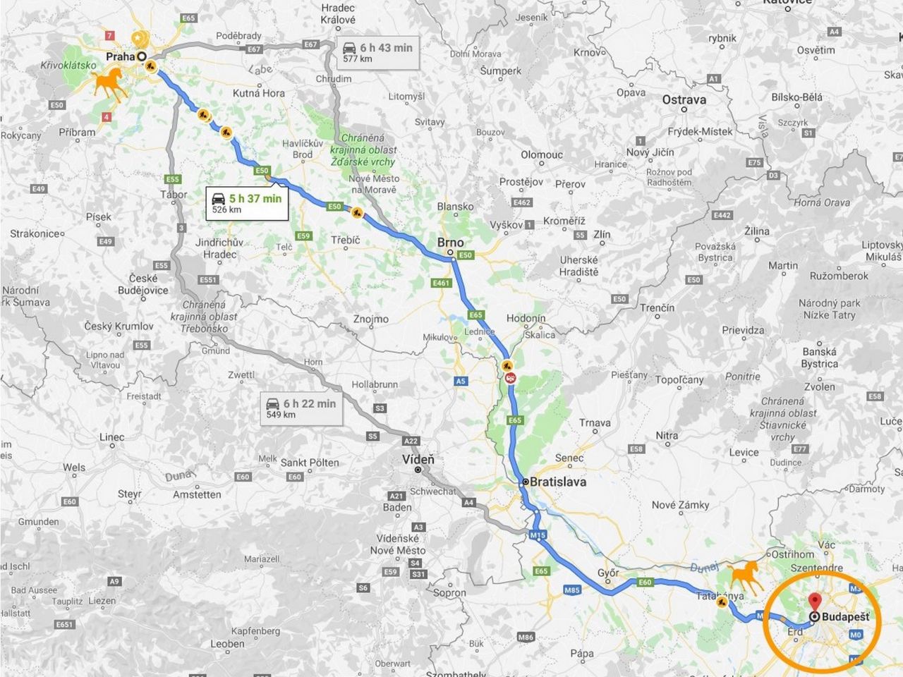 mapa praha budapešť